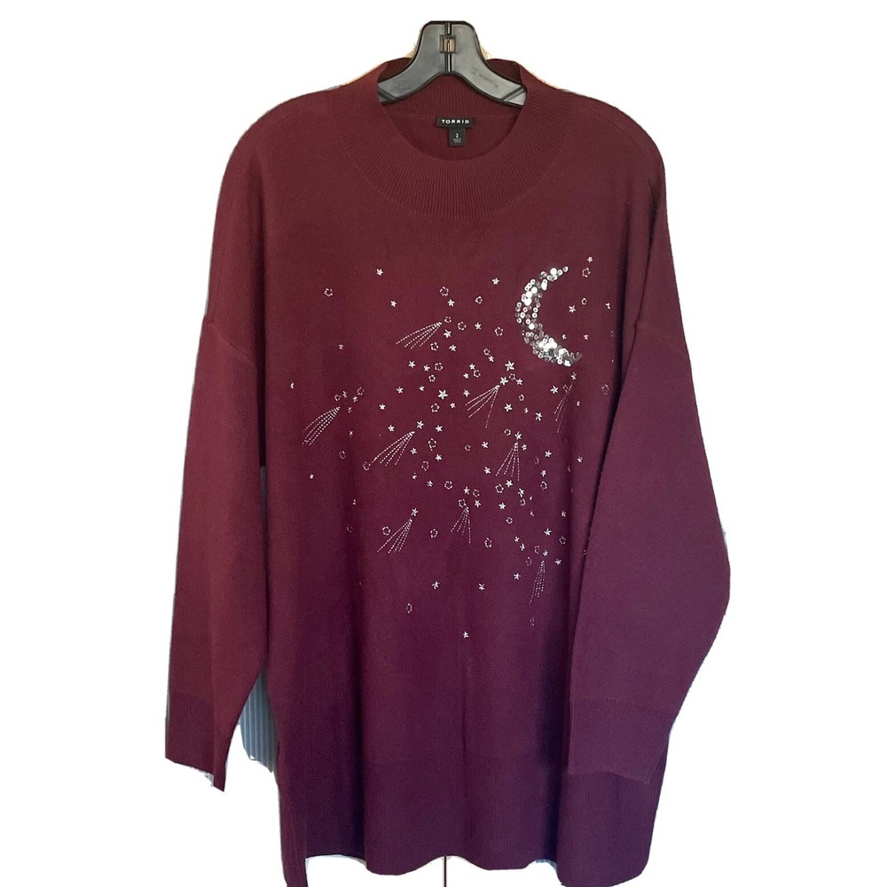 Torrid Sweater‎ Womens Burgundy Moon and Stars Long Sleeve Size 2